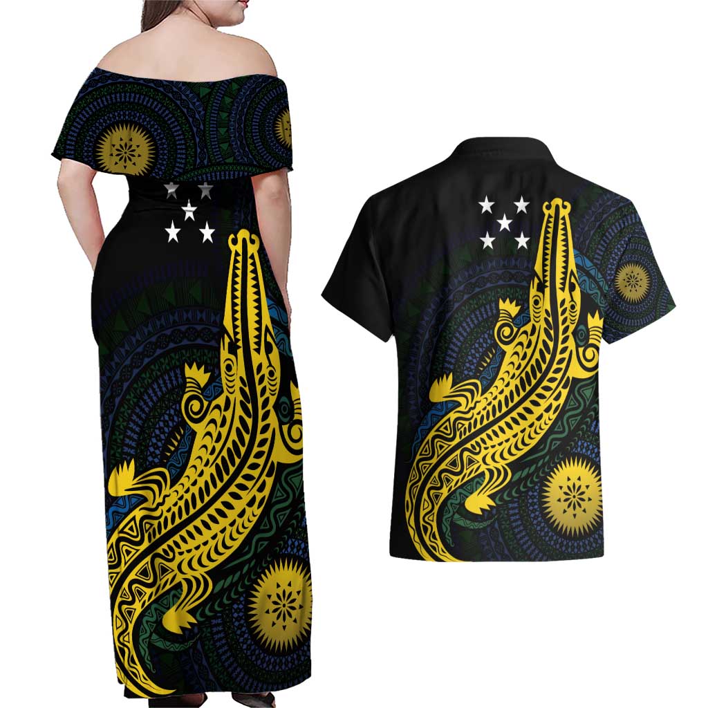 Personalized Solomon Islands Independence Anniversary Couples Matching Off Shoulder Maxi Dress and Hawaiian Shirt Crocodile Mix Tapa