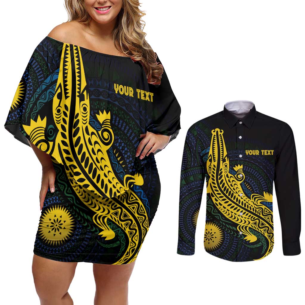 Personalized Solomon Islands Independence Anniversary Couples Matching Off Shoulder Short Dress and Long Sleeve Button Shirt Crocodile Mix Tapa