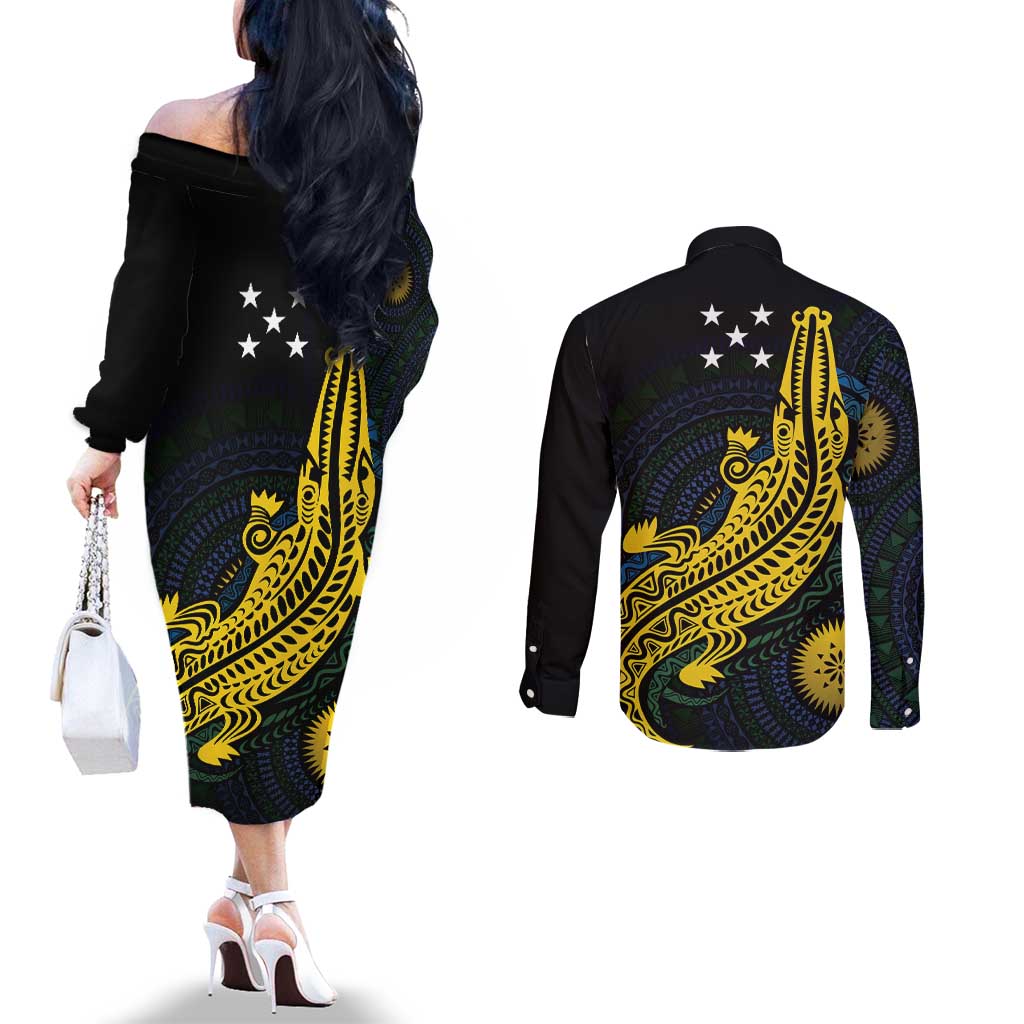 Personalized Solomon Islands Independence Anniversary Couples Matching Off The Shoulder Long Sleeve Dress and Long Sleeve Button Shirt Crocodile Mix Tapa