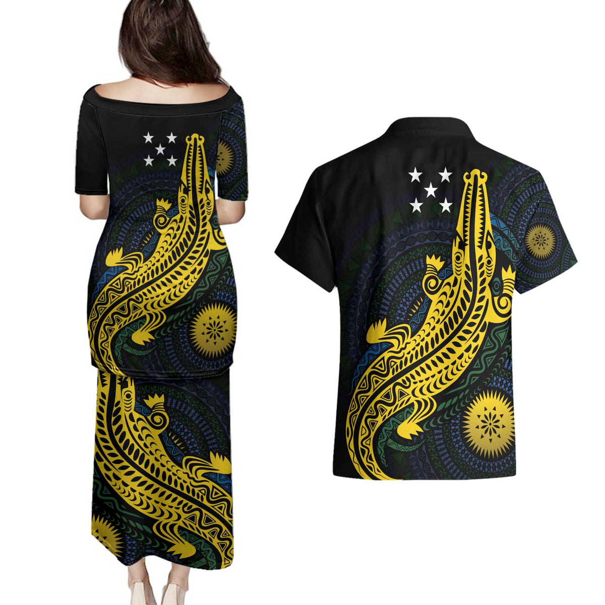 Personalized Solomon Islands Independence Anniversary Couples Matching Puletasi and Hawaiian Shirt Crocodile Mix Tapa
