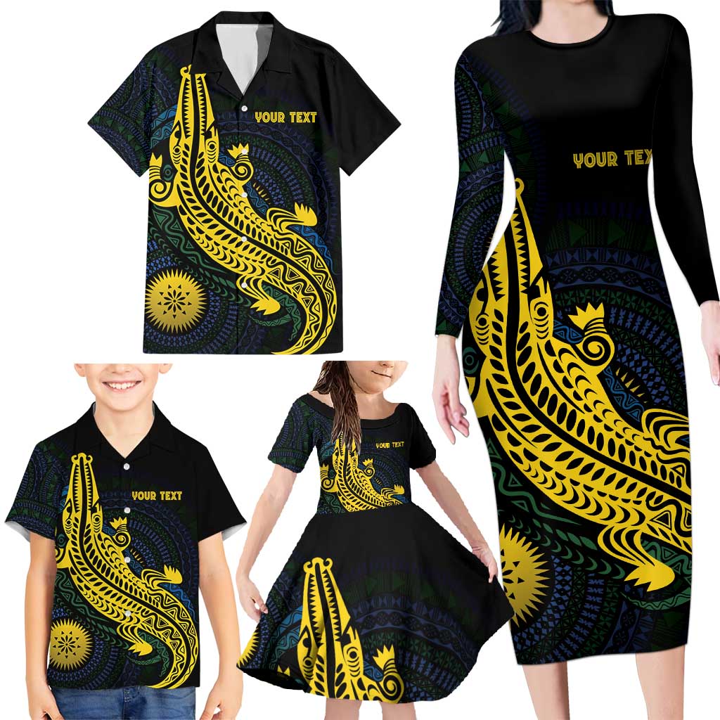 Personalized Solomon Islands Independence Anniversary Family Matching Long Sleeve Bodycon Dress and Hawaiian Shirt Crocodile Mix Tapa