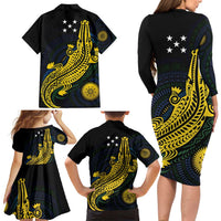 Personalized Solomon Islands Independence Anniversary Family Matching Long Sleeve Bodycon Dress and Hawaiian Shirt Crocodile Mix Tapa