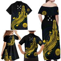 Personalized Solomon Islands Independence Anniversary Family Matching Off Shoulder Maxi Dress and Hawaiian Shirt Crocodile Mix Tapa