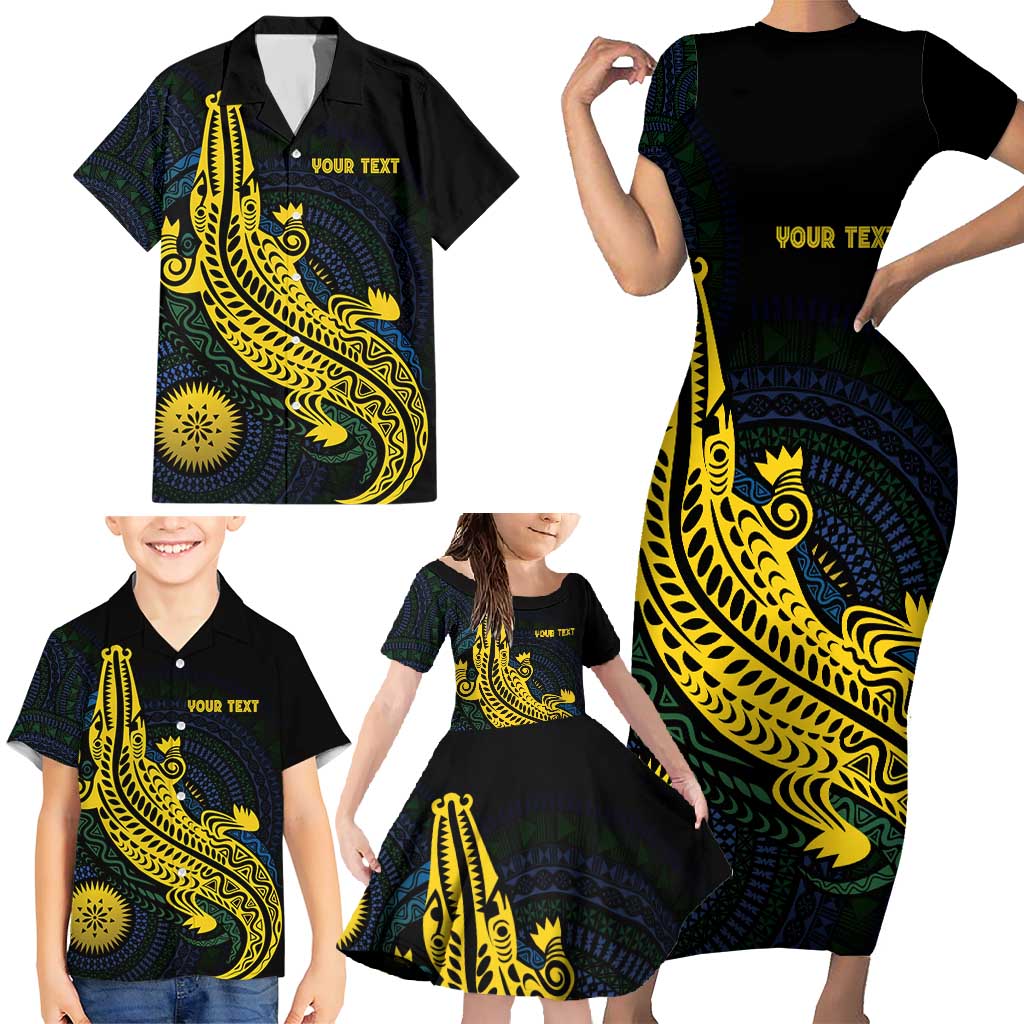 Personalized Solomon Islands Independence Anniversary Family Matching Short Sleeve Bodycon Dress and Hawaiian Shirt Crocodile Mix Tapa