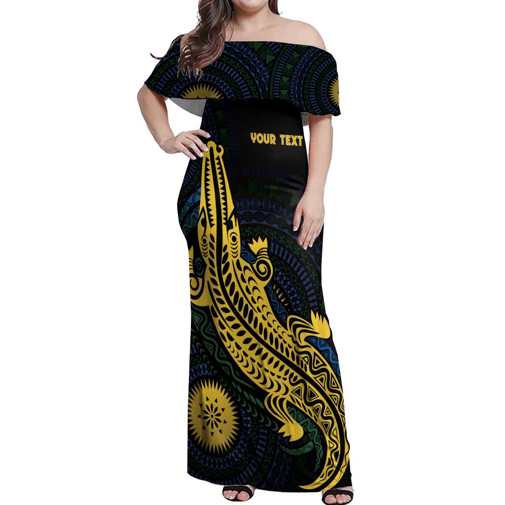Personalized Solomon Islands Independence Anniversary Off Shoulder Maxi Dress Crocodile Mix Tapa LT7 Women Colorful - Polynesian Pride