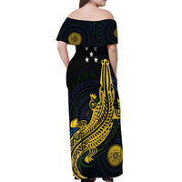 Personalized Solomon Islands Independence Anniversary Off Shoulder Maxi Dress Crocodile Mix Tapa LT7 - Polynesian Pride