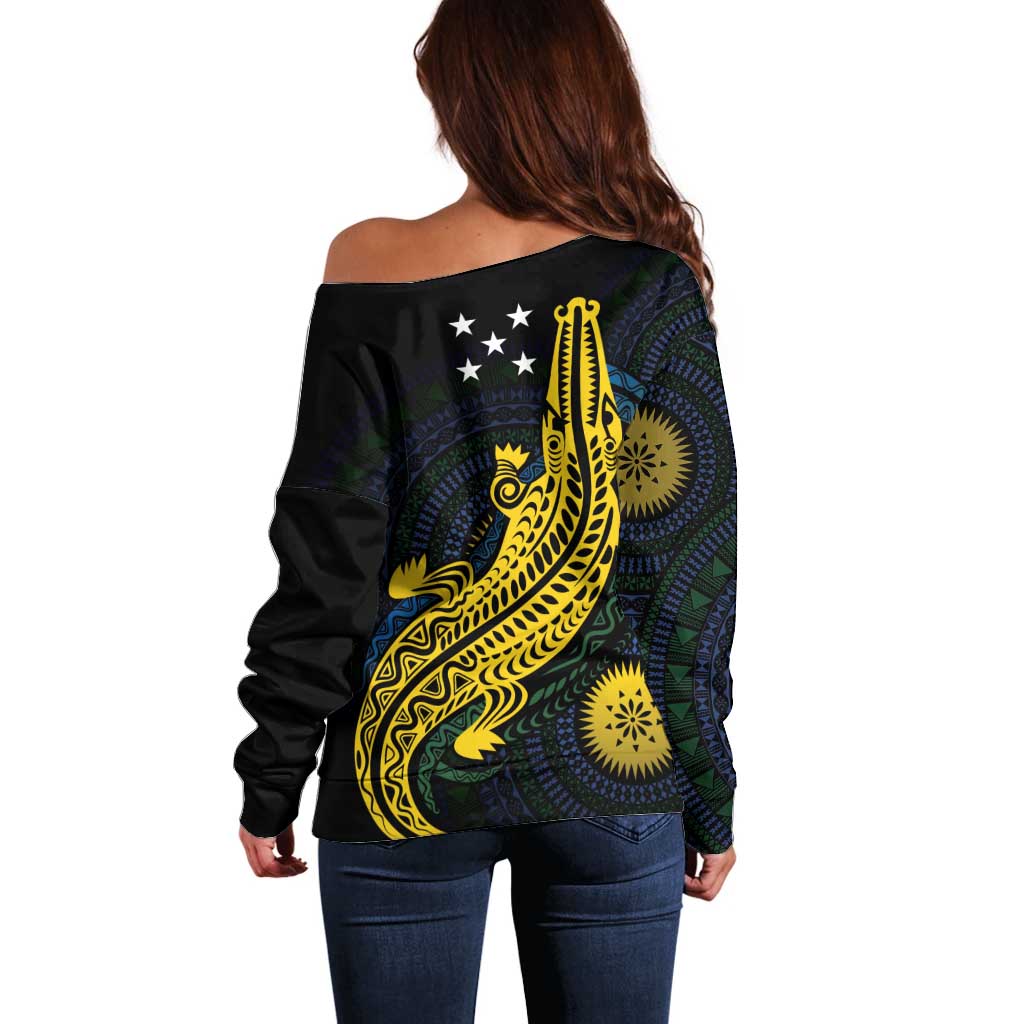 Personalized Solomon Islands Independence Anniversary Off Shoulder Sweater Crocodile Mix Tapa LT7 - Polynesian Pride