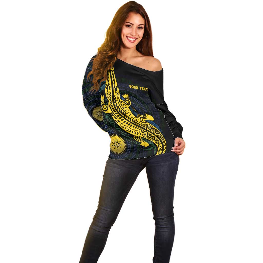 Personalized Solomon Islands Independence Anniversary Off Shoulder Sweater Crocodile Mix Tapa LT7 - Polynesian Pride