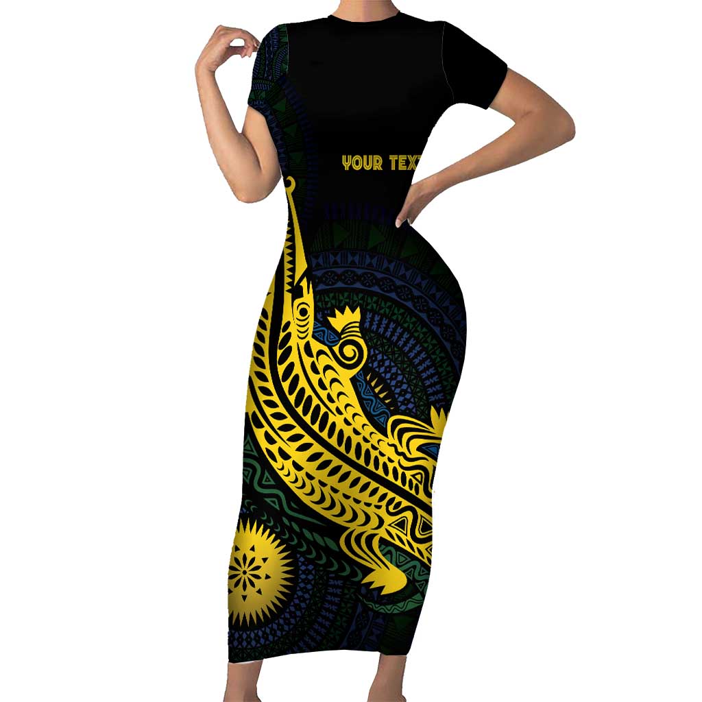 Personalized Solomon Islands Independence Anniversary Short Sleeve Bodycon Dress Crocodile Mix Tapa