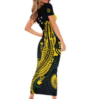Personalized Solomon Islands Independence Anniversary Short Sleeve Bodycon Dress Crocodile Mix Tapa