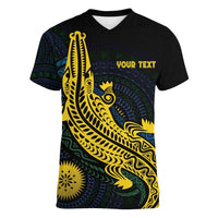 Personalized Solomon Islands Independence Anniversary Women V-Neck T-Shirt Crocodile Mix Tapa LT7 Female Colorful - Polynesian Pride