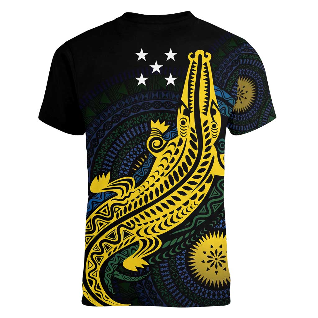 Personalized Solomon Islands Independence Anniversary Women V-Neck T-Shirt Crocodile Mix Tapa LT7 - Polynesian Pride