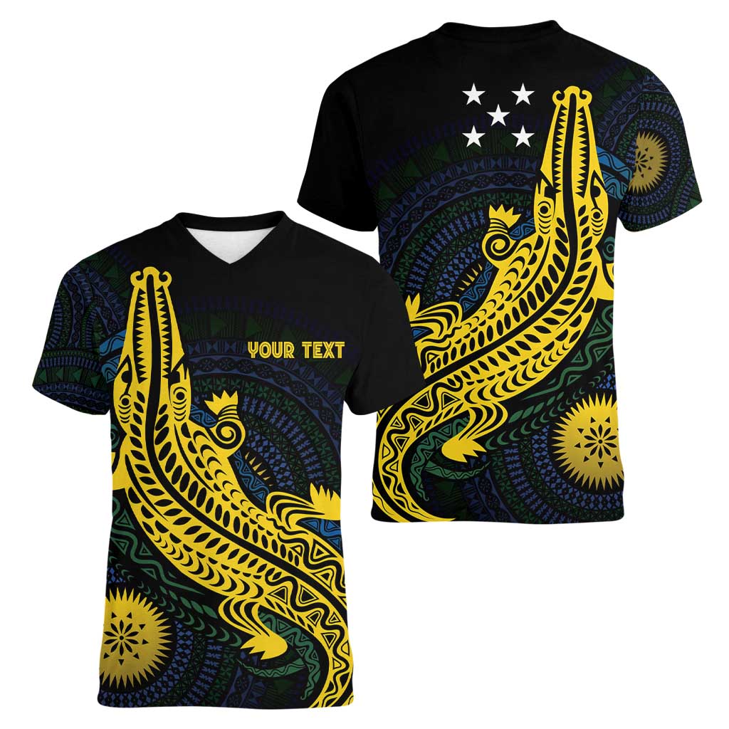 Personalized Solomon Islands Independence Anniversary Women V-Neck T-Shirt Crocodile Mix Tapa LT7 - Polynesian Pride