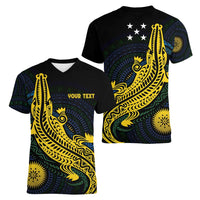 Personalized Solomon Islands Independence Anniversary Women V-Neck T-Shirt Crocodile Mix Tapa LT7 - Polynesian Pride