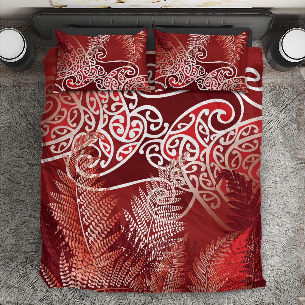 Aotearoa Maori Koru Curves Bedding Set Silver Ferns - Crimson Red LT7 Red - Polynesian Pride