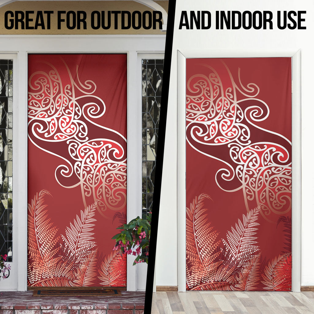 Aotearoa Maori Koru Curves Door Cover Silver Ferns - Crimson Red LT7 - Polynesian Pride