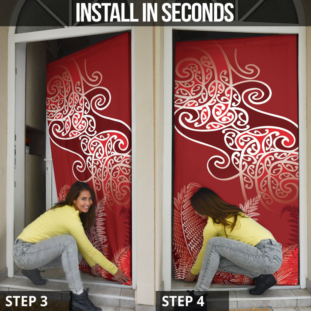 Aotearoa Maori Koru Curves Door Cover Silver Ferns - Crimson Red LT7 - Polynesian Pride
