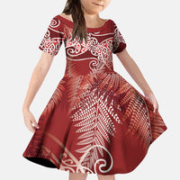 Aotearoa Maori Koru Curves Family Matching Off Shoulder Maxi Dress and Hawaiian Shirt Silver Ferns - Crimson Red LT7 Daughter's Dress Red - Polynesian Pride