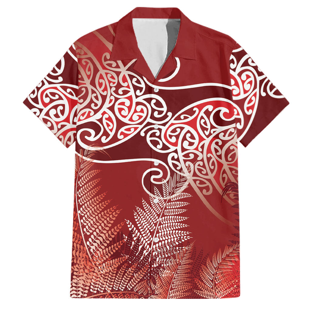Aotearoa Maori Koru Curves Family Matching Off Shoulder Maxi Dress and Hawaiian Shirt Silver Ferns - Crimson Red LT7 Dad's Shirt - Short Sleeve Red - Polynesian Pride