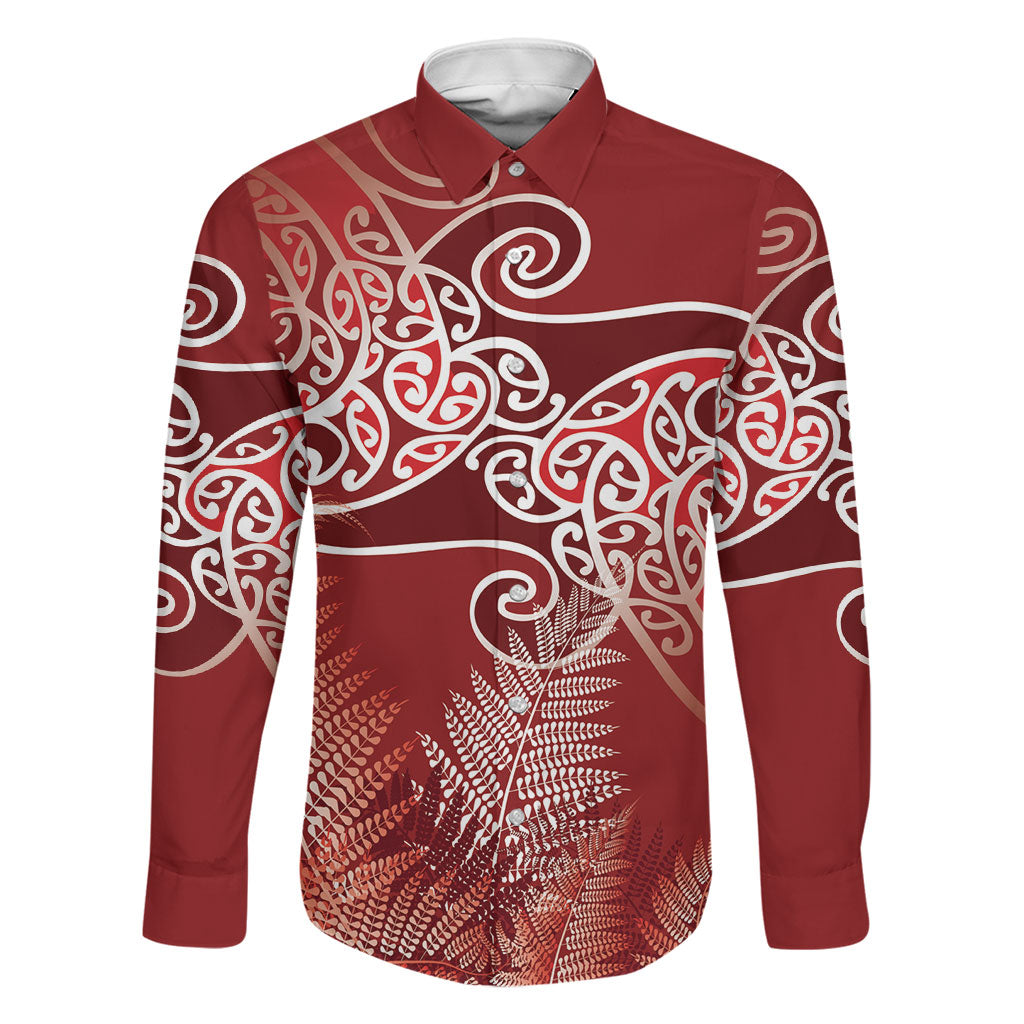 Aotearoa Maori Koru Curves Family Matching Off Shoulder Maxi Dress and Hawaiian Shirt Silver Ferns - Crimson Red LT7 Dad's Shirt - Long Sleeve Red - Polynesian Pride