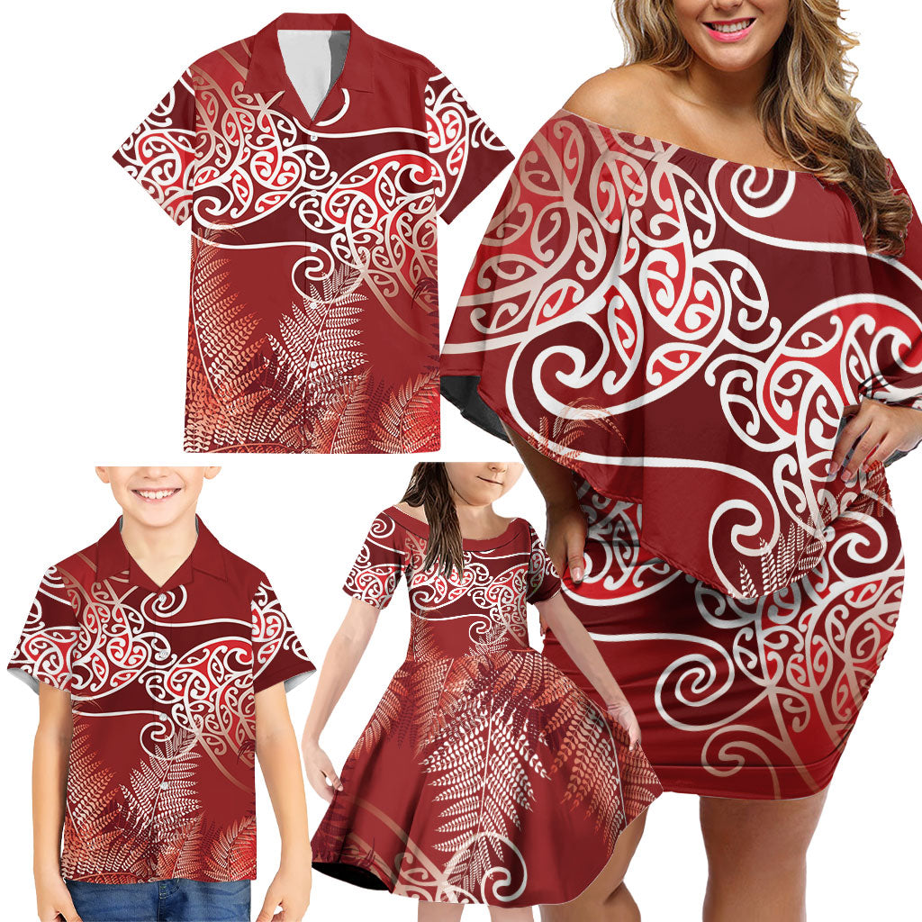 Aotearoa Maori Koru Curves Family Matching Off Shoulder Short Dress and Hawaiian Shirt Silver Ferns - Crimson Red