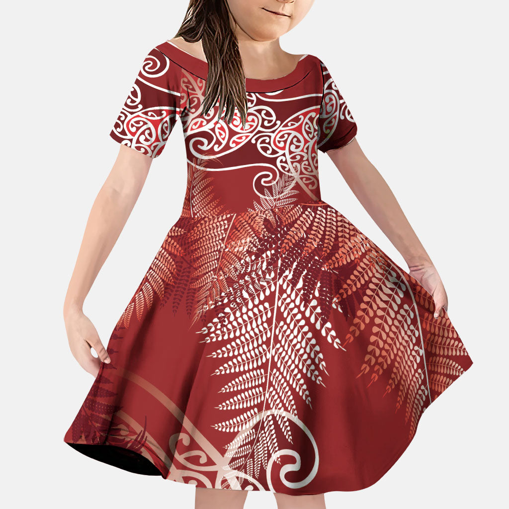 Aotearoa Maori Koru Curves Family Matching Short Sleeve Bodycon Dress and Hawaiian Shirt Silver Ferns - Crimson Red LT7 Daughter's Dress Red - Polynesian Pride