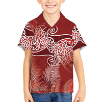 Aotearoa Maori Koru Curves Family Matching Summer Maxi Dress and Hawaiian Shirt Silver Ferns - Crimson Red LT7 Son's Shirt Red - Polynesian Pride