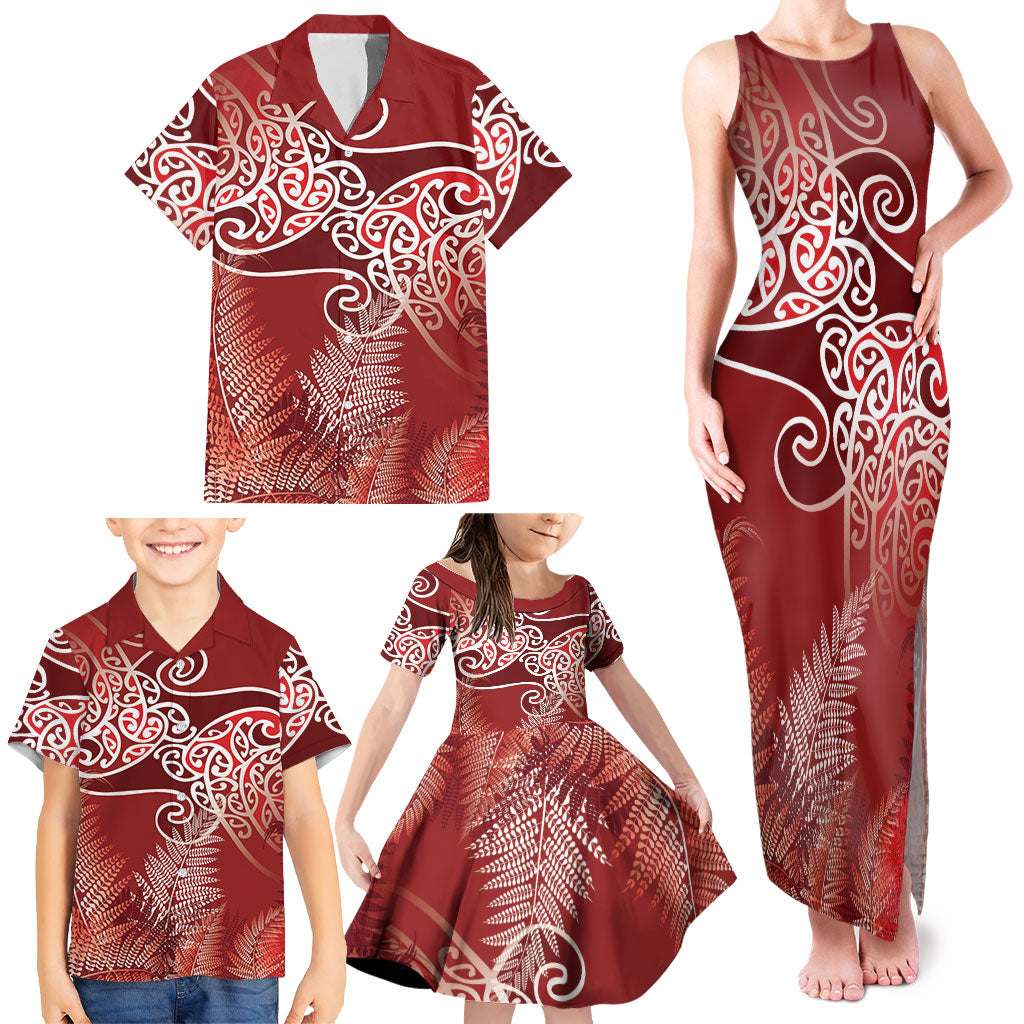 Aotearoa Maori Koru Curves Family Matching Tank Maxi Dress and Hawaiian Shirt Silver Ferns - Crimson Red