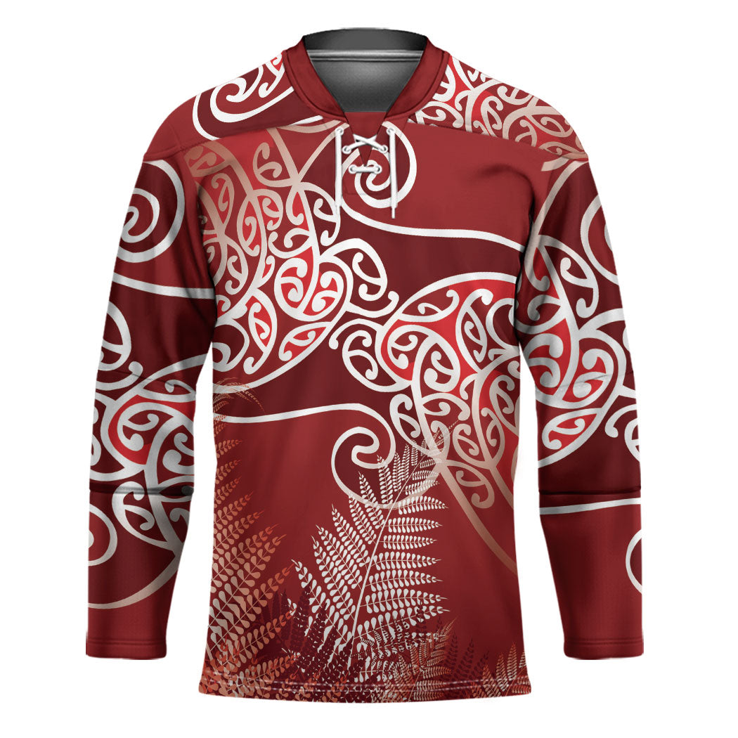 Aotearoa Maori Koru Curves Hockey Jersey Silver Ferns - Crimson Red LT7 Unisex Red - Polynesian Pride