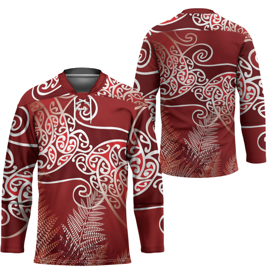 Aotearoa Maori Koru Curves Hockey Jersey Silver Ferns - Crimson Red LT7 - Polynesian Pride