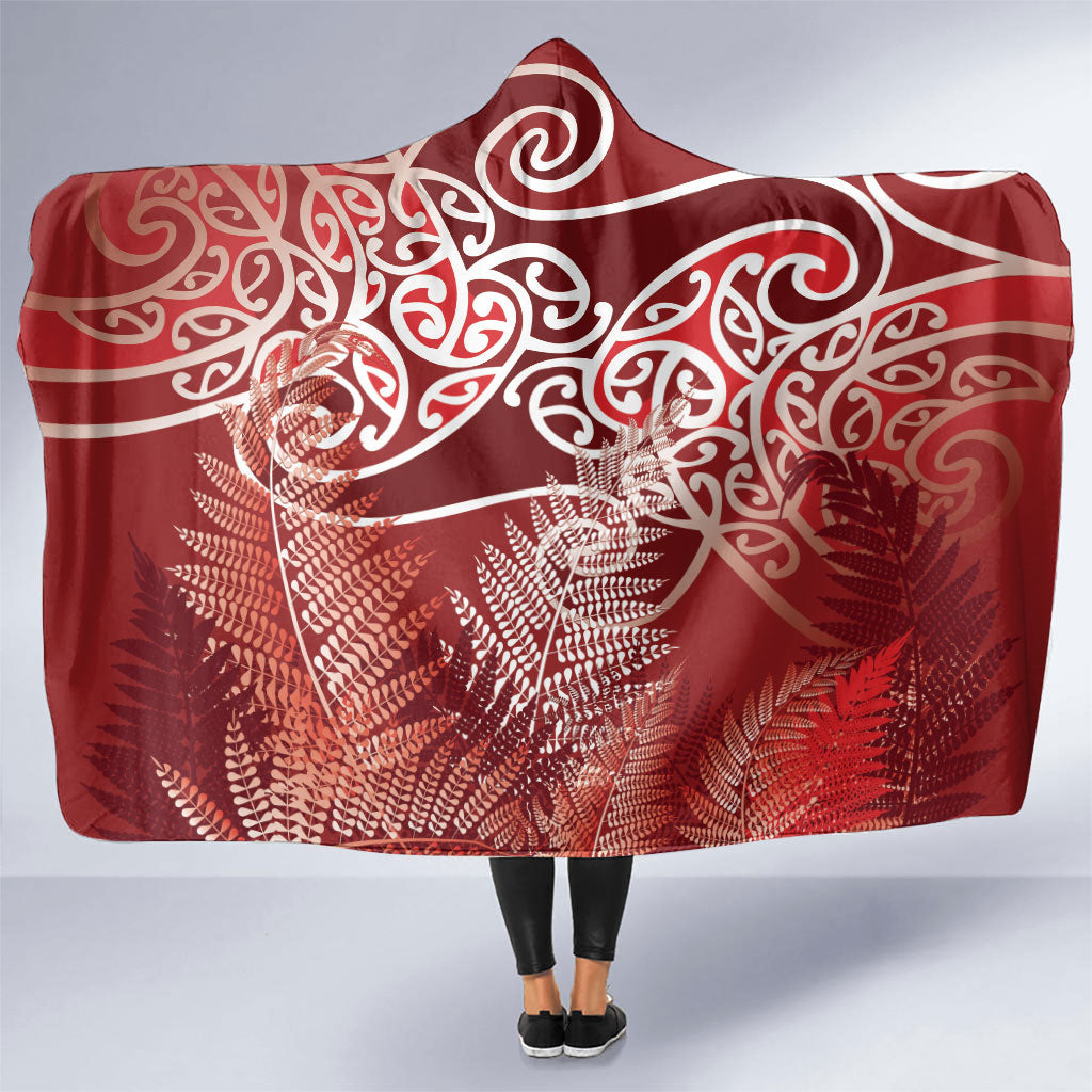 Aotearoa Maori Koru Curves Hooded Blanket Silver Ferns - Crimson Red