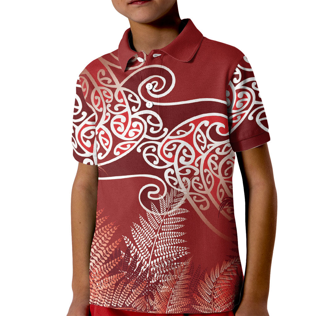 Aotearoa Maori Koru Curves Kid Polo Shirt Silver Ferns - Crimson Red