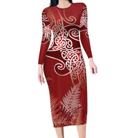 Aotearoa Maori Koru Curves Long Sleeve Bodycon Dress Silver Ferns - Crimson Red LT7 Long Dress Red - Polynesian Pride