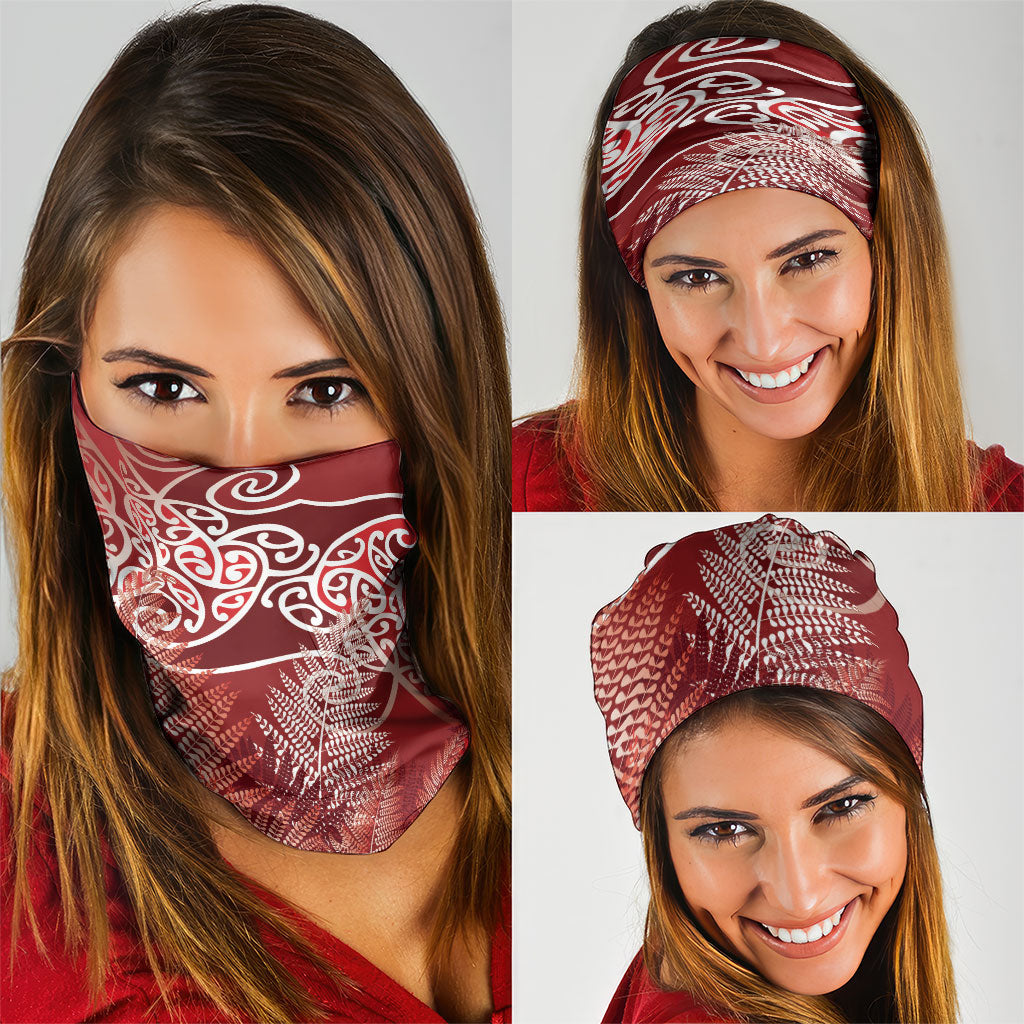 Aotearoa Maori Koru Curves Neck Gaiter Silver Ferns - Crimson Red LT7 - Polynesian Pride