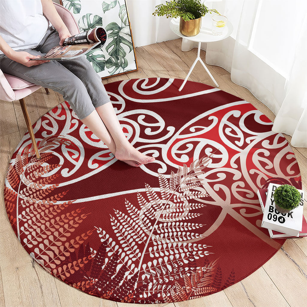 Aotearoa Maori Koru Curves Round Carpet Silver Ferns - Crimson Red LT7 - Polynesian Pride