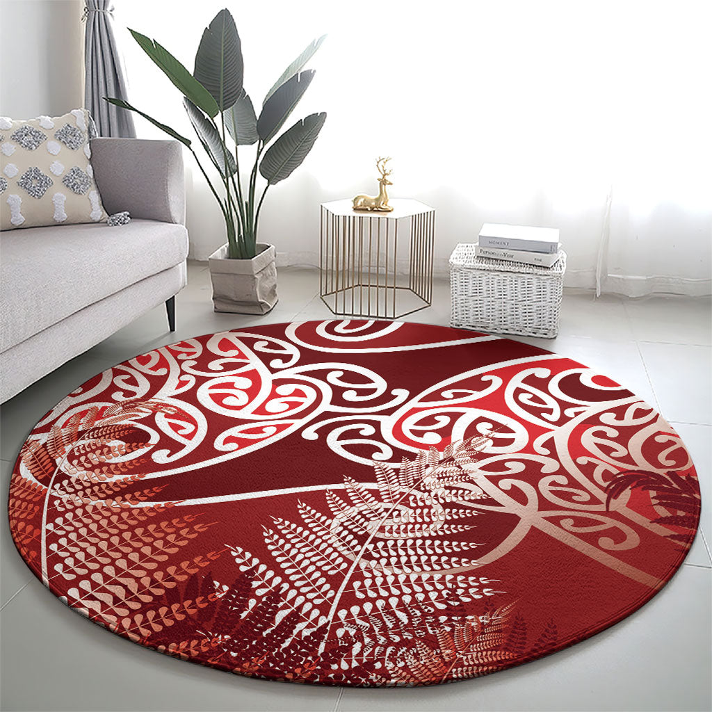 Aotearoa Maori Koru Curves Round Carpet Silver Ferns - Crimson Red LT7 - Polynesian Pride