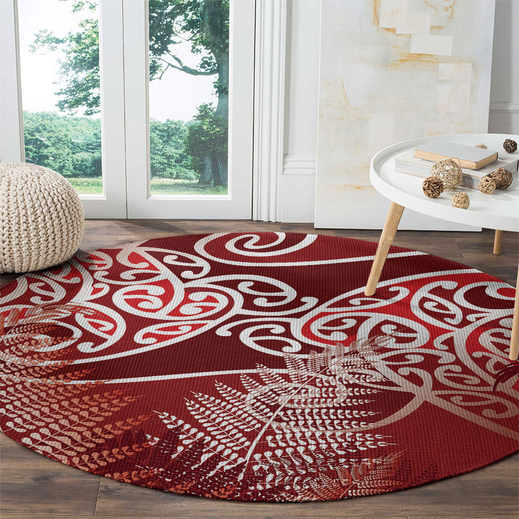 Aotearoa Maori Koru Curves Round Carpet Silver Ferns - Crimson Red LT7 - Polynesian Pride