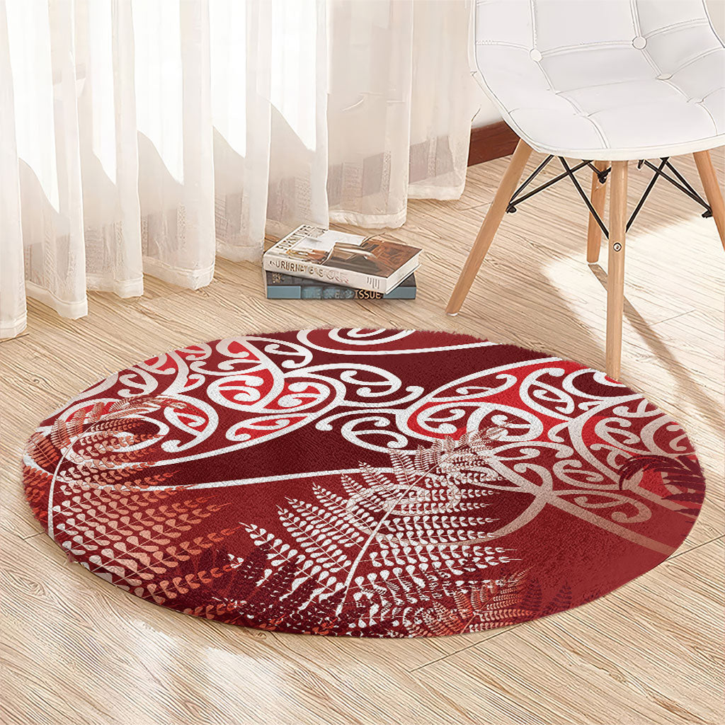 Aotearoa Maori Koru Curves Round Carpet Silver Ferns - Crimson Red LT7 - Polynesian Pride