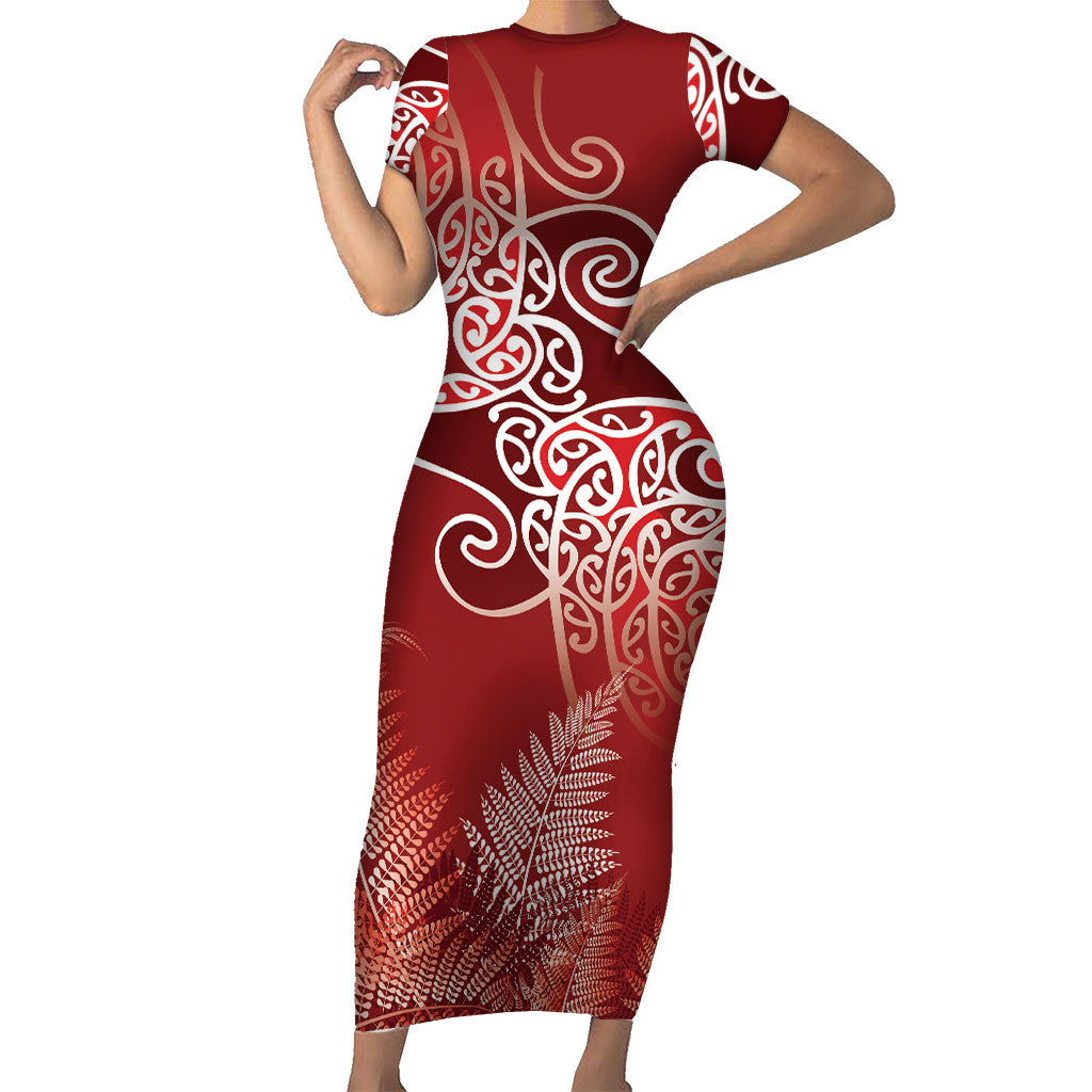 Aotearoa Maori Koru Curves Short Sleeve Bodycon Dress Silver Ferns - Crimson Red LT7 Long Dress Red - Polynesian Pride