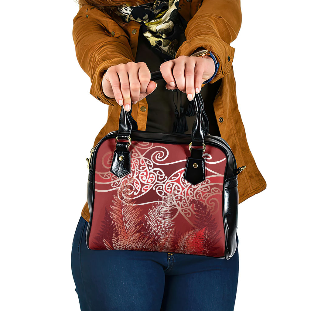 Aotearoa Maori Koru Curves Shoulder Handbag Silver Ferns - Crimson Red LT7 One Size Red - Polynesian Pride