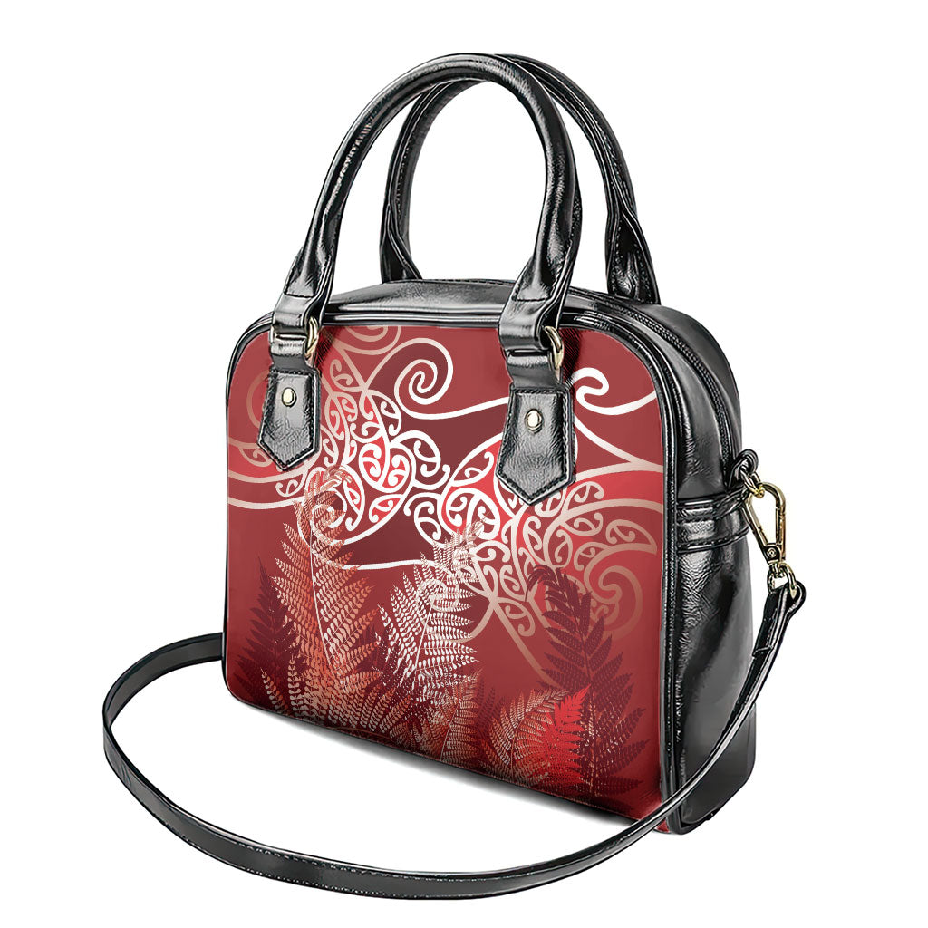 Aotearoa Maori Koru Curves Shoulder Handbag Silver Ferns - Crimson Red LT7 - Polynesian Pride