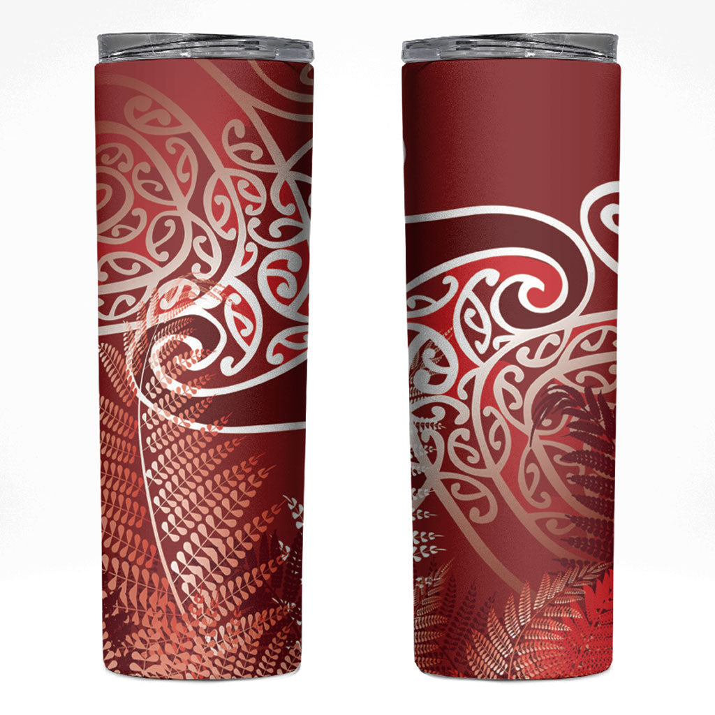 Aotearoa Maori Koru Curves Skinny Tumbler Silver Ferns - Crimson Red LT7 Red - Polynesian Pride