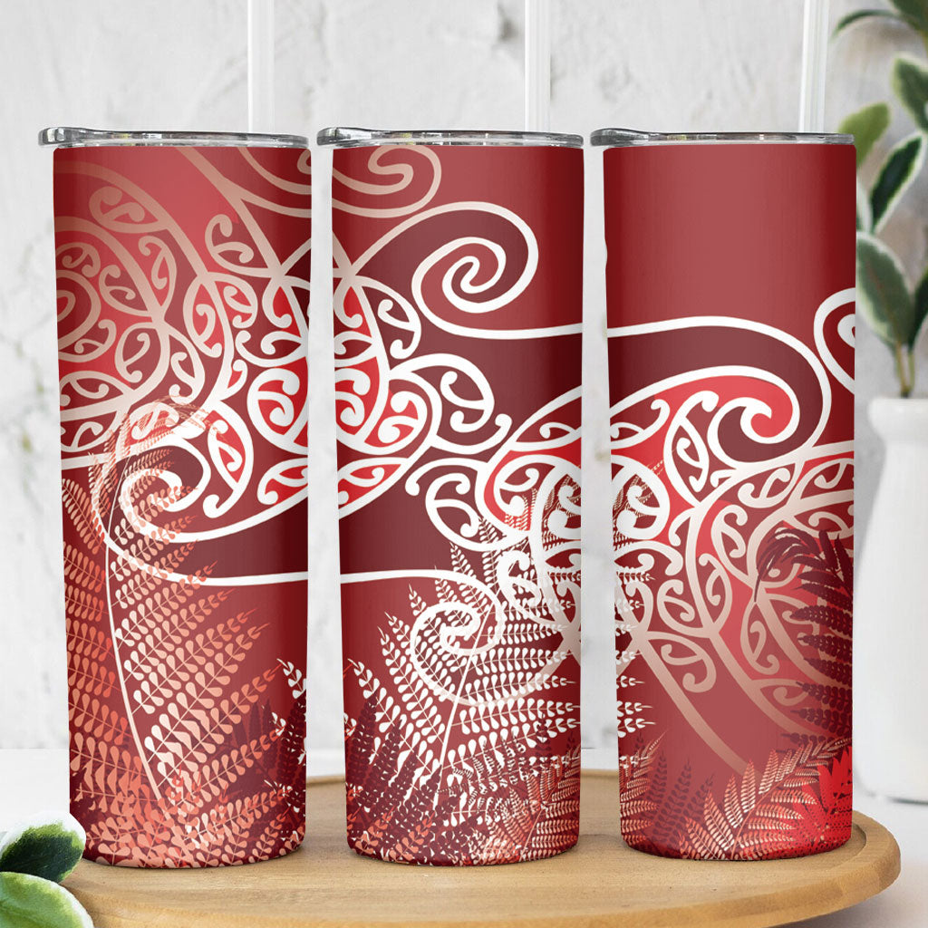 Aotearoa Maori Koru Curves Skinny Tumbler Silver Ferns - Crimson Red LT7 - Polynesian Pride