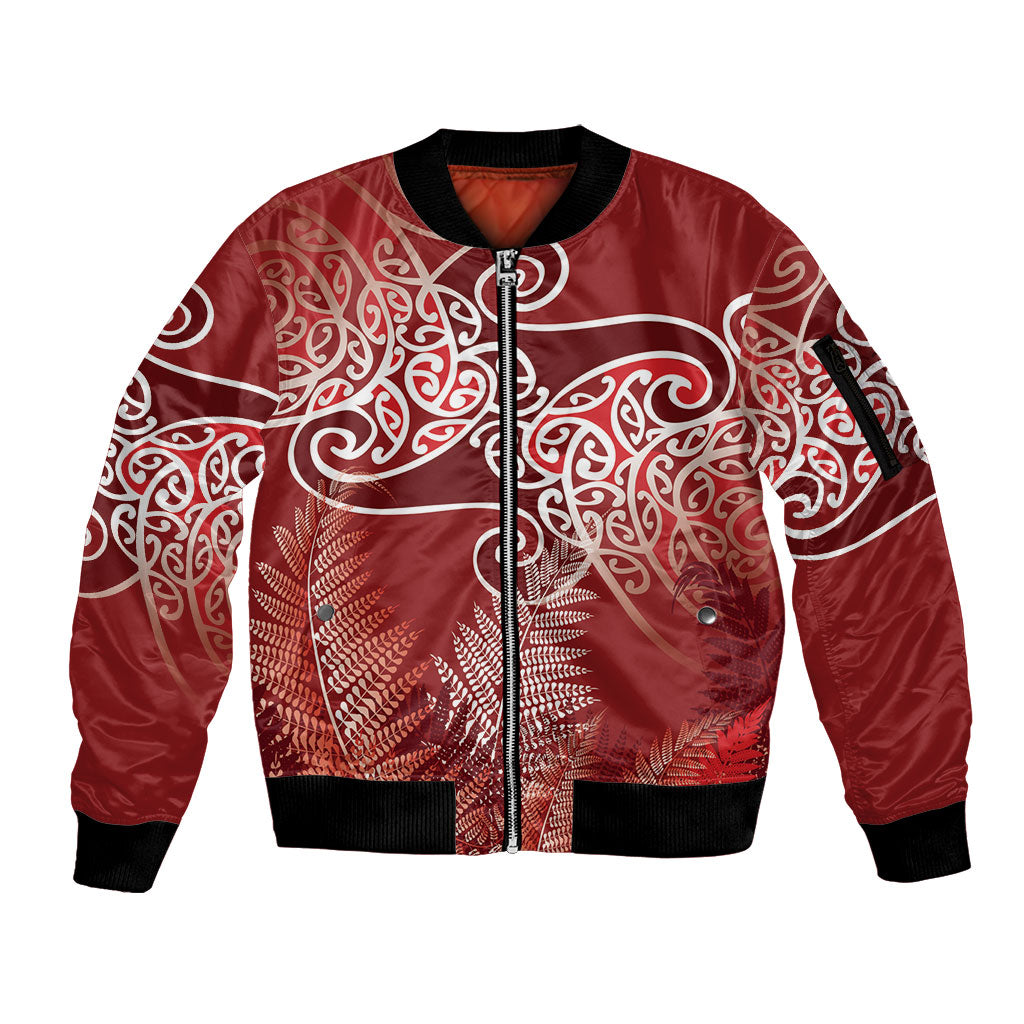 Aotearoa Maori Koru Curves Sleeve Zip Bomber Jacket Silver Ferns - Crimson Red LT7 Unisex Red - Polynesian Pride