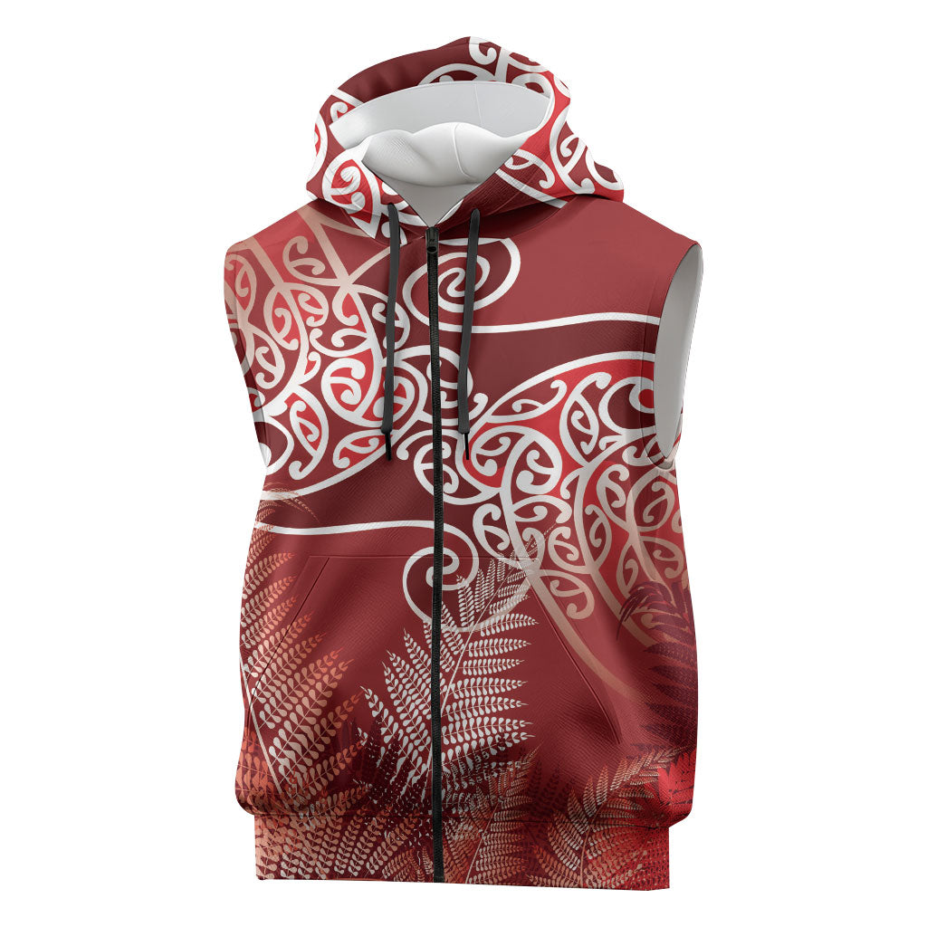 Aotearoa Maori Koru Curves Sleeveless Zip Hoodie Silver Ferns - Crimson Red LT7 Red - Polynesian Pride