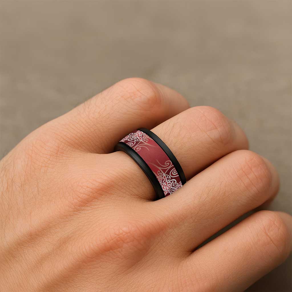 Aotearoa Maori Koru Curves Spinner Ring Silver Ferns - Crimson Red LT7 - Polynesian Pride