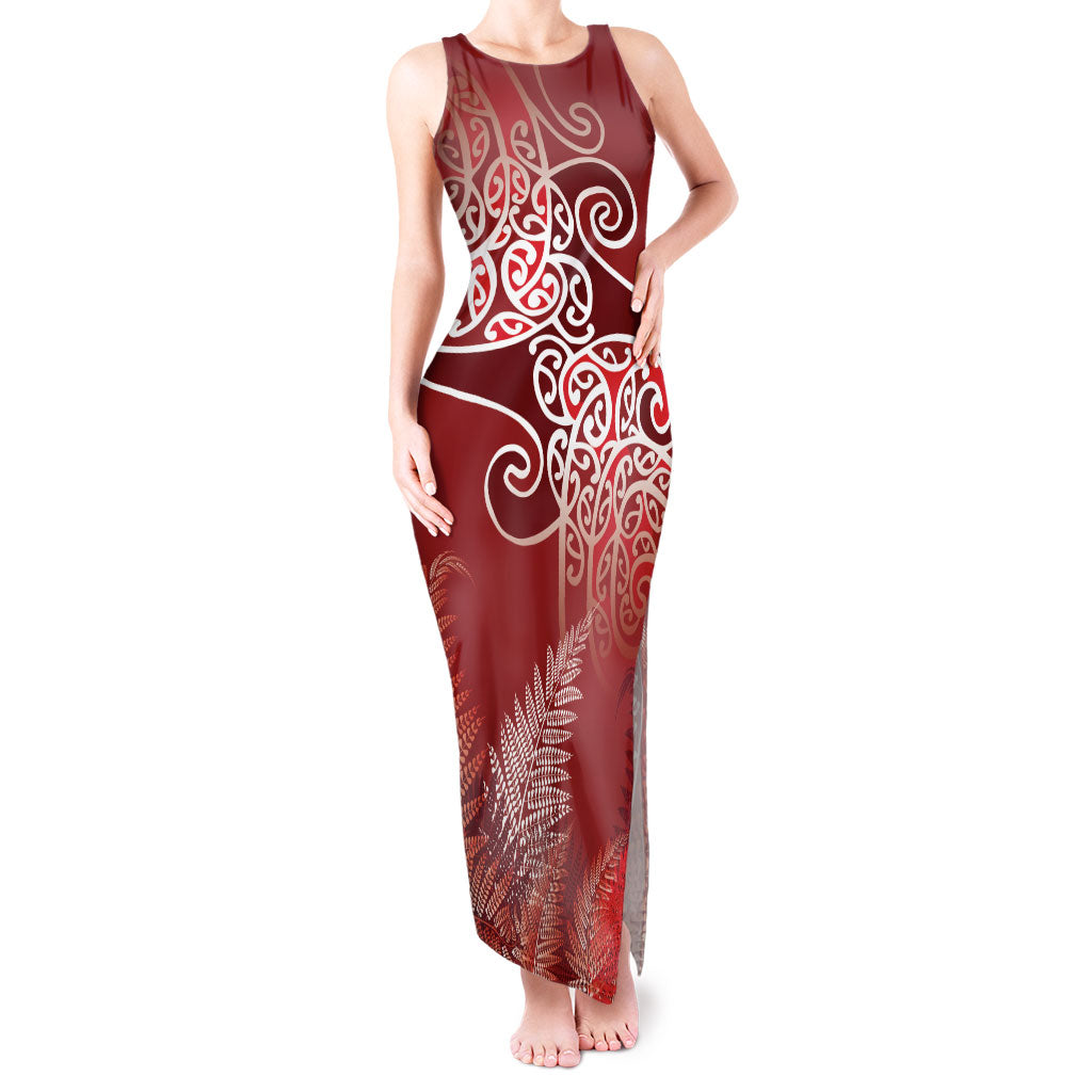 Aotearoa Maori Koru Curves Tank Maxi Dress Silver Ferns - Crimson Red