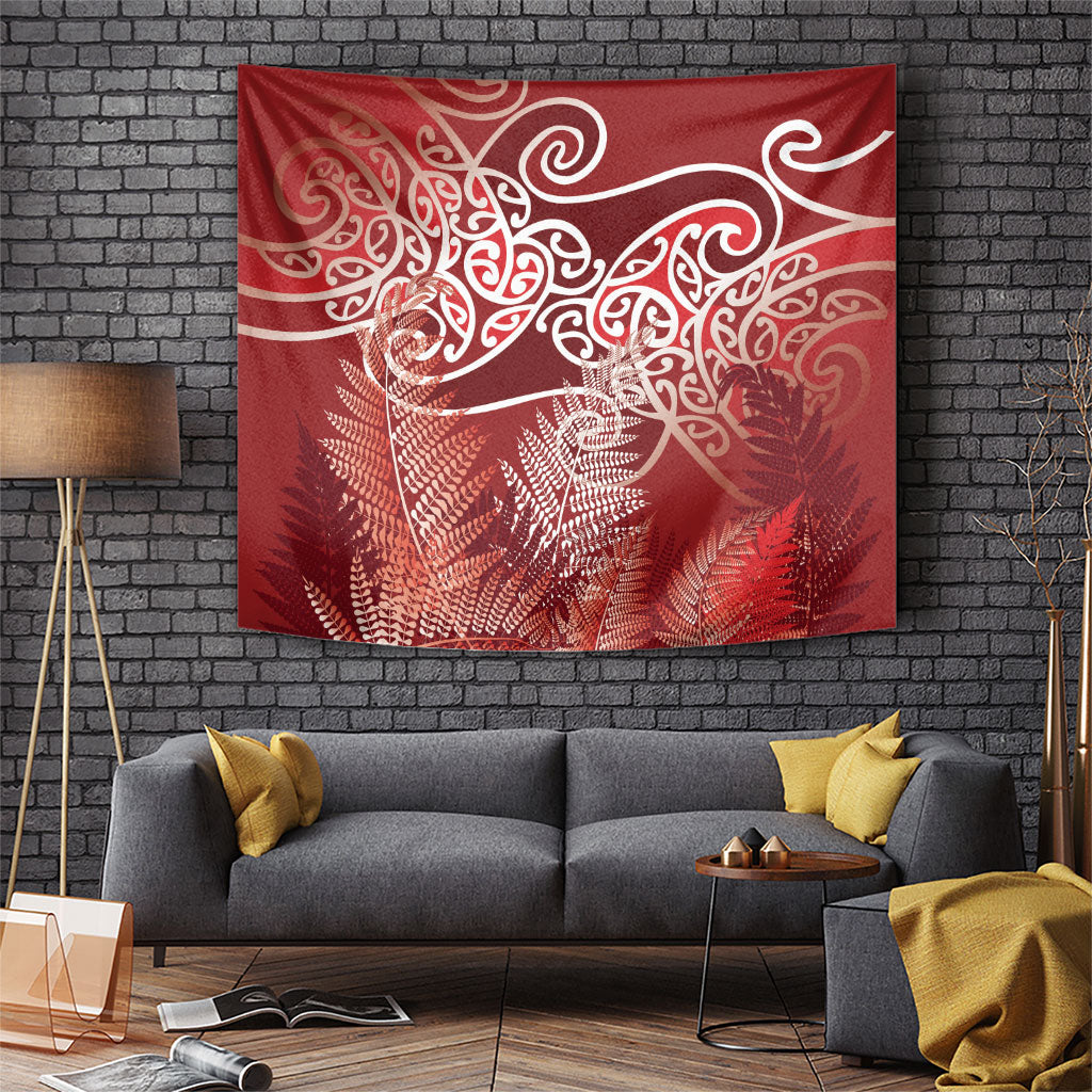 Aotearoa Maori Koru Curves Tapestry Silver Ferns - Crimson Red LT7 Red - Polynesian Pride
