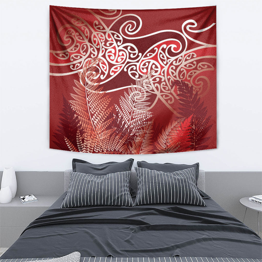 Aotearoa Maori Koru Curves Tapestry Silver Ferns - Crimson Red LT7 - Polynesian Pride