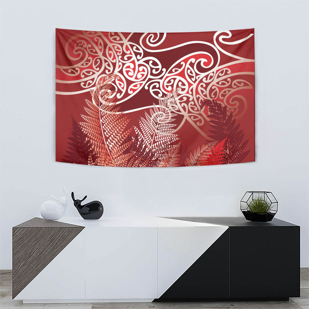 Aotearoa Maori Koru Curves Tapestry Silver Ferns - Crimson Red LT7 - Polynesian Pride